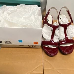 Red patent leather, T-strap wedges
